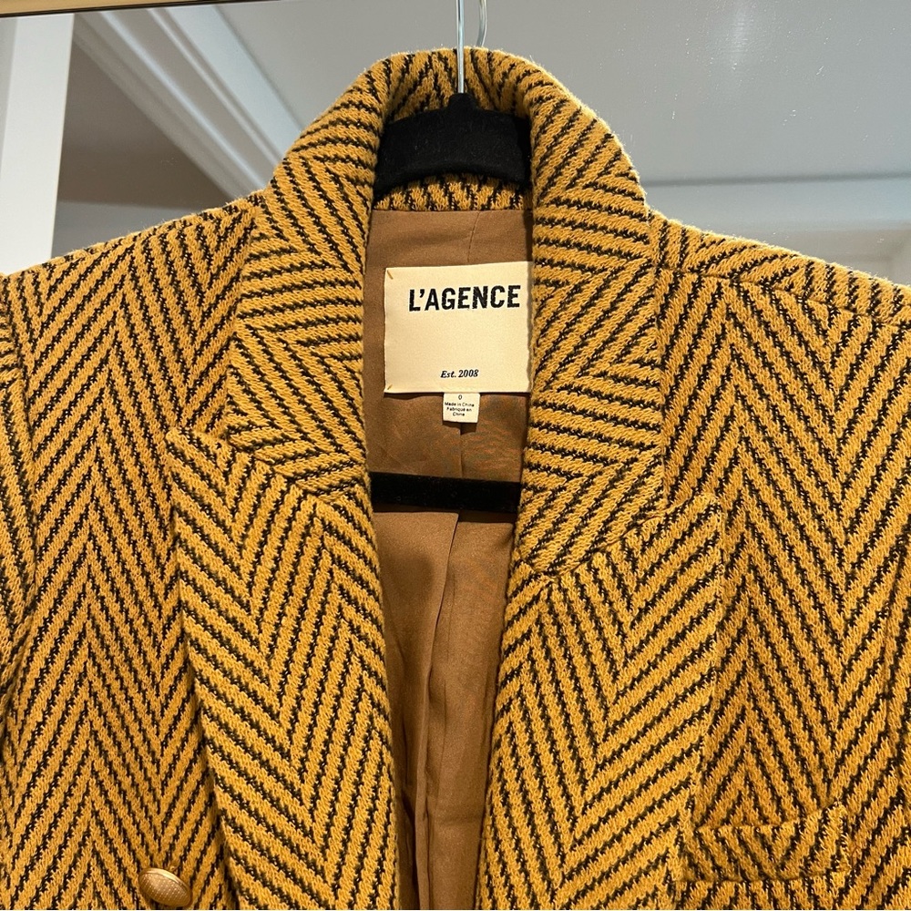 L'AGENCE Mustard and Black Herringbone Double-Breasted Blazer - Picture 3 of 4